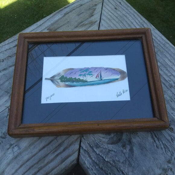 Vintage framed under glass painted feather artist sign from Costa Rica sail boat - Picture 10 of 15